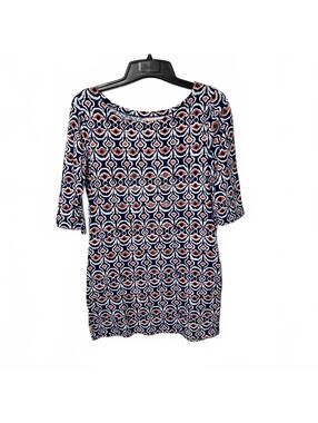 All For Color Women's Navy Orange Artsy Abstract 3/4 Sleeve Tunic Top Size Small